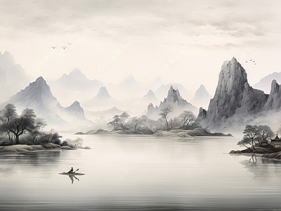 中式壁纸 中式壁画 水画 国画 风景画