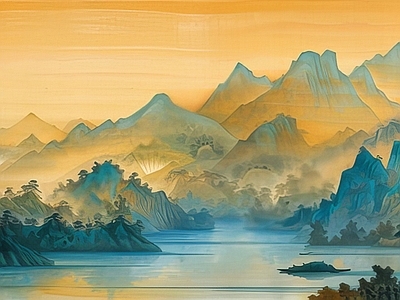 中式壁纸 中式壁画 水画 风景画