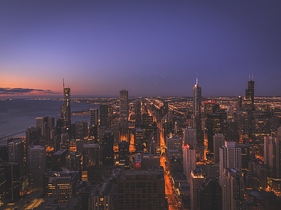 现代城市外景 城市夜晚夜景 夕阳晚霞落日天空 海边城市建筑 高层建筑