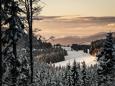 现代风景 黄昏雪景别墅窗景 雪松树林 冬季雪地 夕阳落日晚霞天空 高地脉景