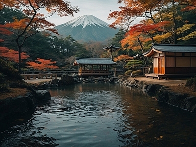 现代风景 秋天 雪 森林 木屋 河流