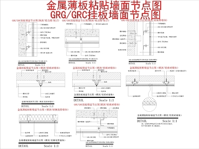 现代墙面节点 金属薄板粘贴墙面 GRG GRC 挂板大样 施工图