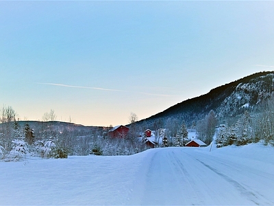 现代风景 雪晚霞夕阳天空 黄昏落日雪地雪景 冬季顶松树林 林别墅外景 坡路村风光