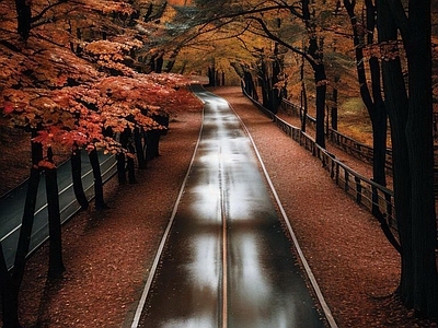 现代风景 秋天 森林 马路 雨后 枫树