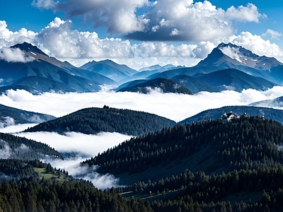 现代风景 森林风景 云雾缭绕 天空