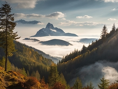 现代风景 森林风景 云雾缭绕 天空 山