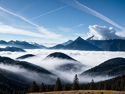 现代风景 森林风景 云雾缭绕 天空 山