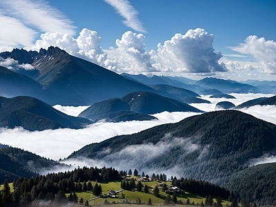 现代风景 森林风景 云雾缭绕 天空