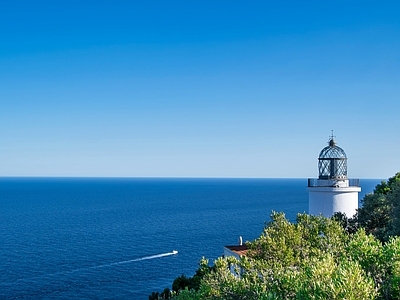 现代风景 蓝天顶海景风光 海洋海平线 腰别墅树林外景 森林植被塔楼灯塔 白天天空