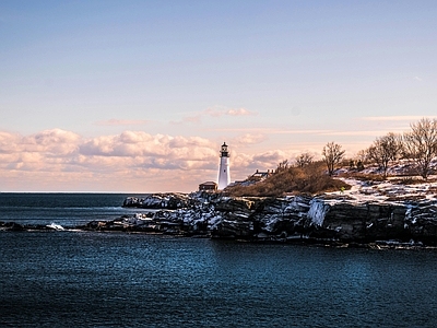 现代风景 海边海岸黄昏夕阳 晚霞多云蓝天天空 冬季雪景树林悬崖 礁石海景灯塔风光 落日海洋风景