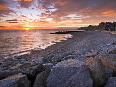 现代风景 海滩 夕阳 壁纸