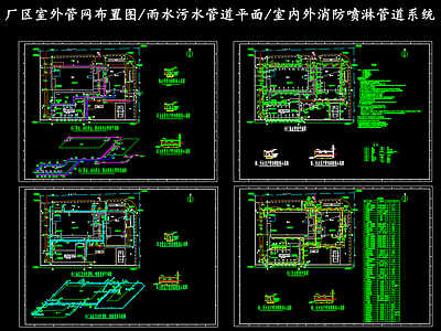 给排水节点详图 厂区室外管网布置 工厂雨水管道平面 工厂污水管道平面 消防喷淋管道系统 加压给水回水系统 施工图