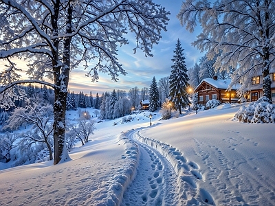 现代壁纸 冬天雪地森林 滑雪小路 冬日景观 森林小径 傍晚雪景