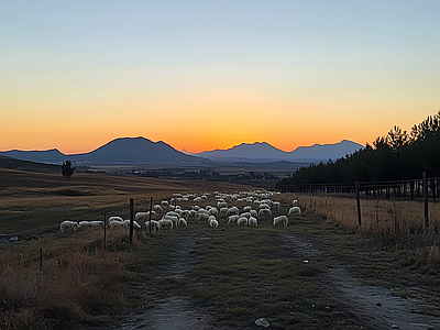 现代风景 夕阳 牧场 草原 野外