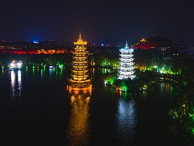 新中式中式风景 海洋 水建筑风景 夜景