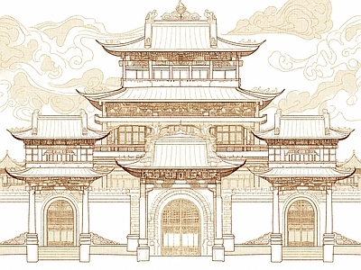 现代中式壁纸 建筑场景阁楼壁画