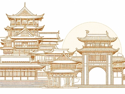 现代中式壁纸 建筑场景阁楼壁画