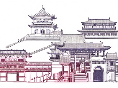 现代中式壁纸 建筑场景阁楼壁画