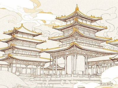 现代中式壁纸 建筑场景阁楼壁画