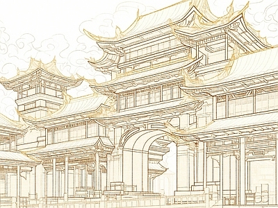 现代中式壁纸 建筑场景阁楼壁画