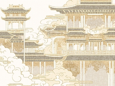 现代中式壁纸 建筑场景阁楼壁画