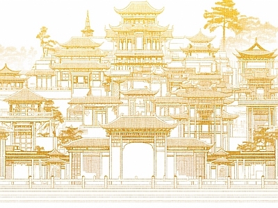 现代中式壁纸 建筑场景阁楼壁画