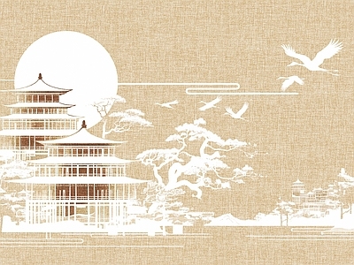 现代中式壁纸 建筑场景阁楼壁画