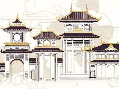 现代中式壁纸 建筑场景阁楼壁画