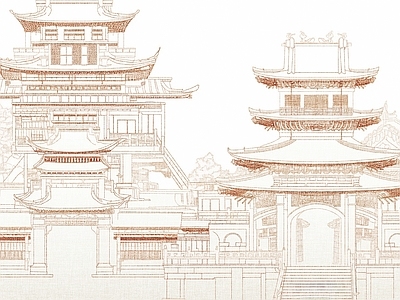 现代中式壁纸 建筑场景阁楼壁画