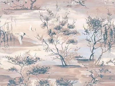 新中式中式壁纸 山水壁纸 花鸟壁纸 新中式仙鹤松树 花布布纹麻布画