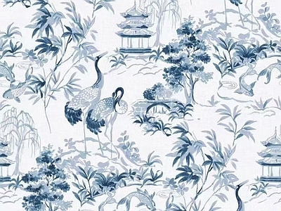 新中式中式壁纸 山水壁纸 松鹤风景墙纸墙布 壁布麻布画 新中式青花瓷花布 花鸟壁纸