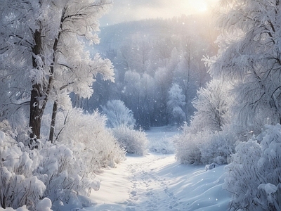 现代风景 冬天 雪地 雪景 夕阳 森林