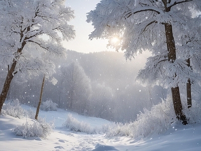 现代风景 冬天 森林 雪地 夕阳 雪景