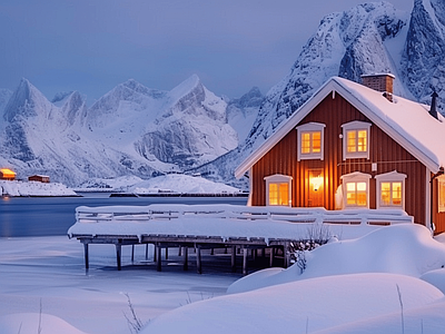 欧式风景 雪景 小屋