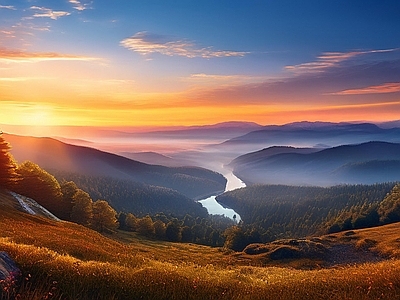 现代风景 山 夕阳 河流 晚霞