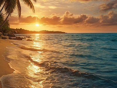 现代风景 大海 海浪 沙滩 夕阳 椰树