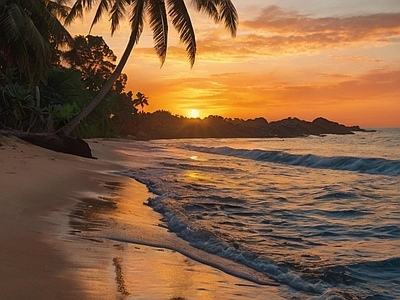 现代风景 沙滩 大海 海水 晚霞 椰林