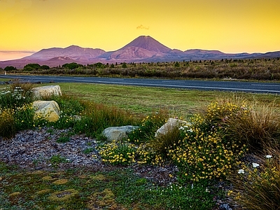 现代新中式风景 山 白天 夕阳 花海 花园