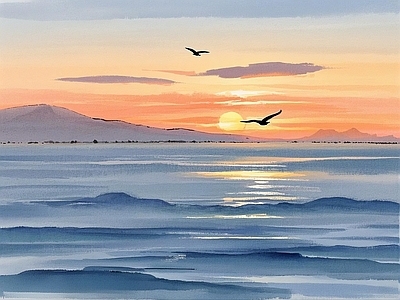 现代挂画 水彩画 风景 夕阳 黄昏 海