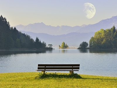 现代风景 湖边风景 山 白天