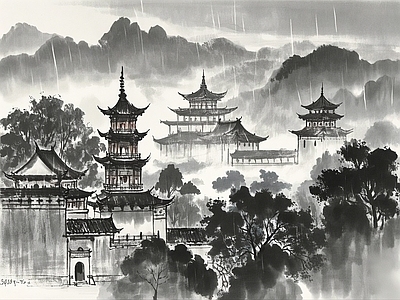 新中式中式挂画 楼阁 烟雨 水墨画 国画 风景