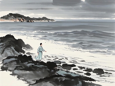 现代新中式挂画 国画 水墨画 海滩 风景