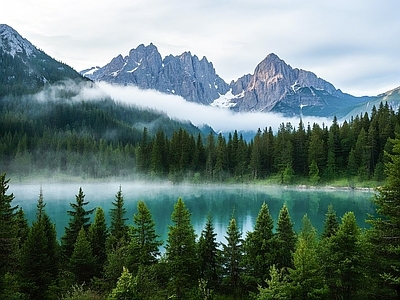 现代风景 山 雪景 森林 白天