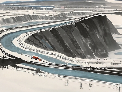 现代新中式挂画 水墨画 国画 风景 煤矿