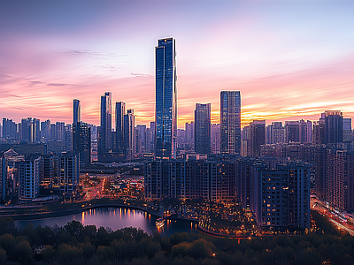 现代城市外景 城市傍晚夜景