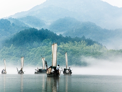 新中式中式风景 水墨画山水 中国风渔船