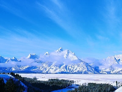 现代风景 山 雪山 湖泊