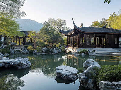 现代其它外景 新中式园林景观 造景 窗外景