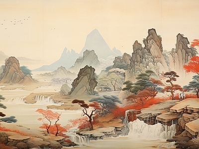 新中式中式壁画 中式新中式壁纸 风景壁纸 中式彩绘山水画 彩色山水壁画