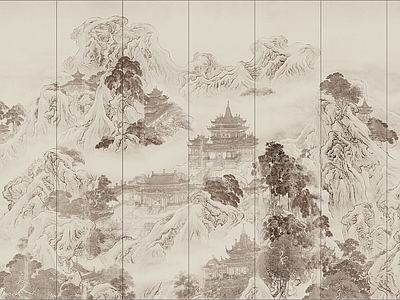 新中式中式壁画 新中式装饰画壁画 艺术壁画 山水壁画 中式山水壁画壁纸